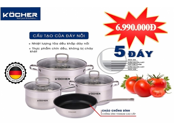 BỘ NỒI KOCHER INOX 8 MÓN CAO CẤP LUBECK